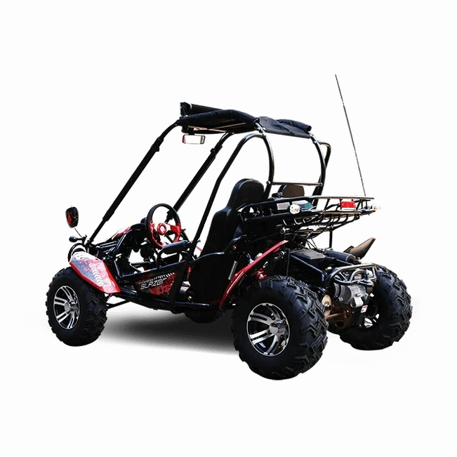 Rear three-quarter view of black and red Trailmaster Blazer 200X go kart with exposed engine and antenna