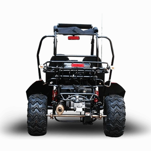 Rear view of red Trailmaster Blazer 200X go kart showing engine, exhaust, and wide all-terrain tires