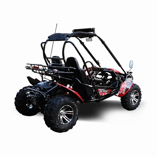 Rear angle of black and red Trailmaster Blazer 200X go kart displaying cargo rack and side graphics