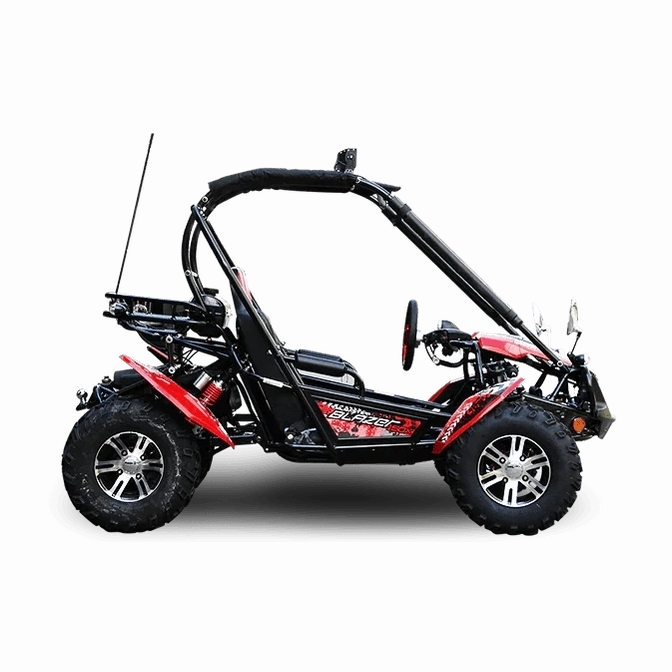 Side view of red Trailmaster Blazer 200X go kart showing alloy wheels, suspension, and off-road tires