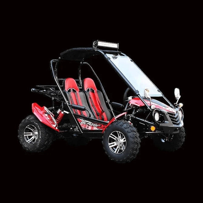 Red and black Trailmaster Blazer 200X go kart with roll cage, LED light bar, and chrome rims