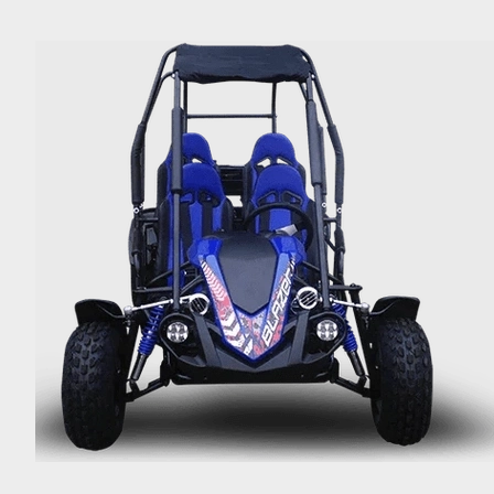 Front view of blue seat TrailMaster Blazer 4-seater go kart with BLAZER decal