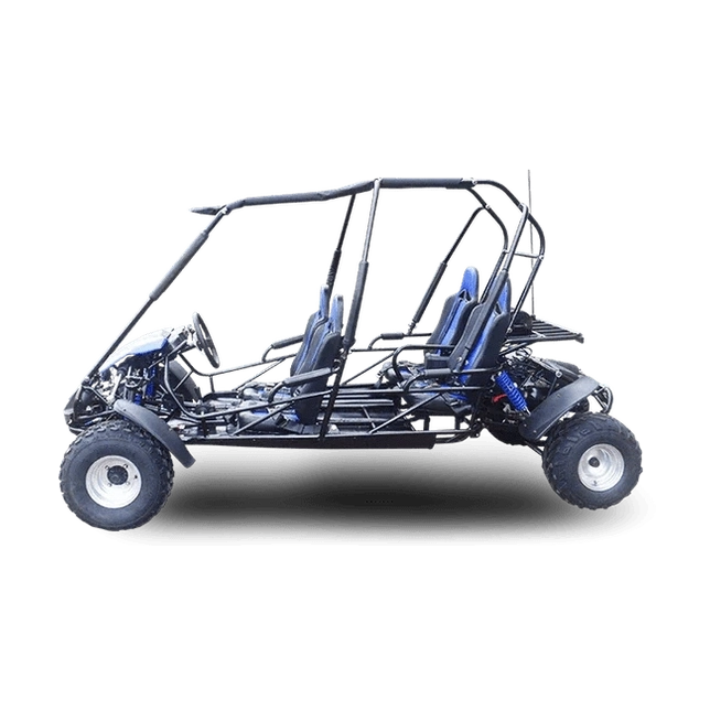 Side profile of blue-trimmed TrailMaster Blazer family go kart with canopy