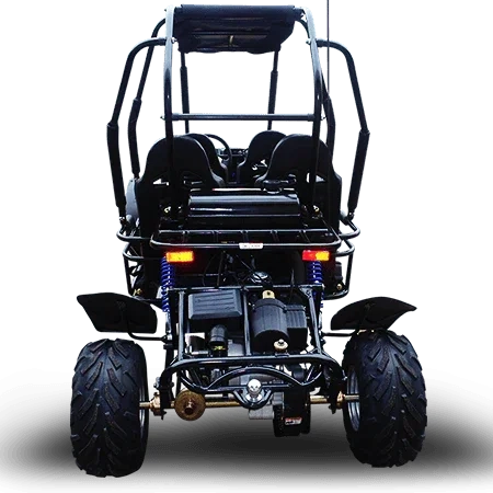 Rear view of black seat TrailMaster Blazer go kart with taillights and exhaust