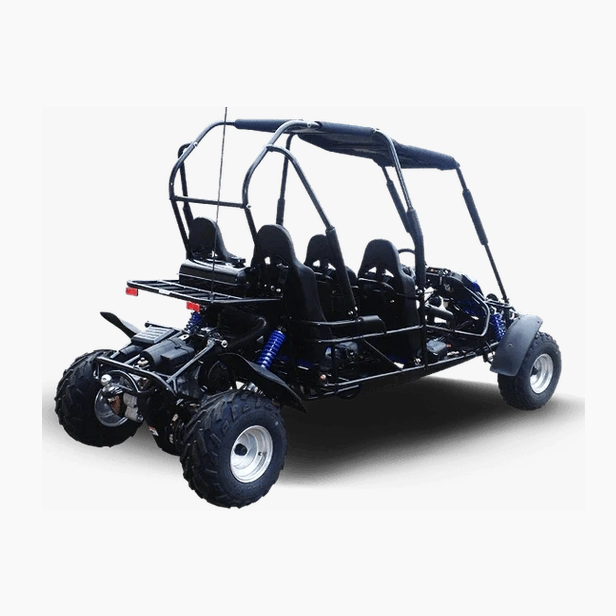 Rear view of black TrailMaster Blazer go kart showing cargo rack and engine