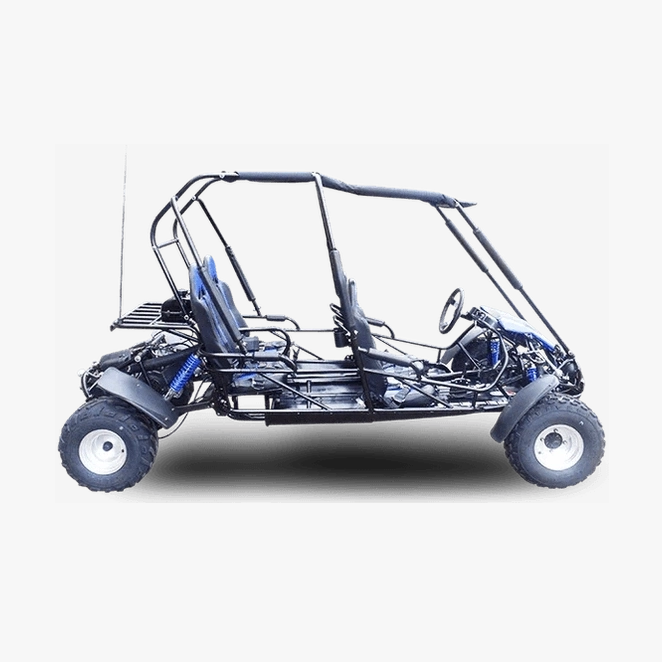 Open-frame side view of blue seat TrailMaster Blazer go kart with antenna