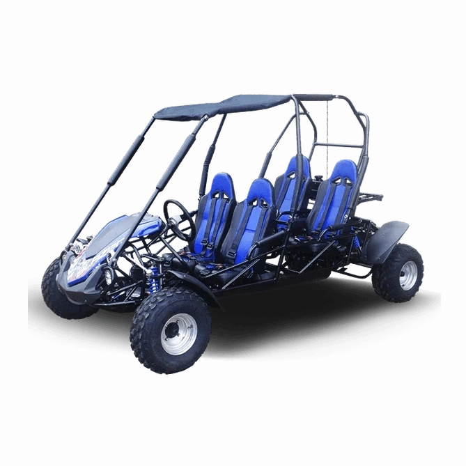 Blue seat TrailMaster Blazer 4-seater go kart with exposed engine mounts