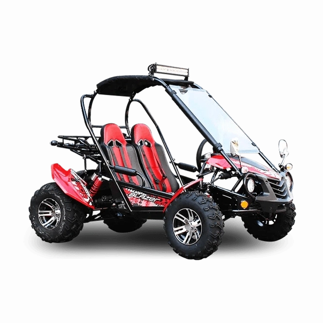 Side profile of red and black Trailmaster Blazer 200X go kart with tubular frame and body decals