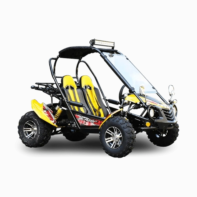 Yellow and black Trailmaster Blazer 200X go kart with roll cage, LED bar, and rear cargo rack