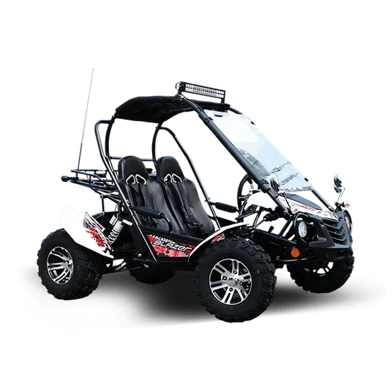 Black Trailmaster Blazer 200X go kart with white panels, red graphics, and chrome alloy wheels