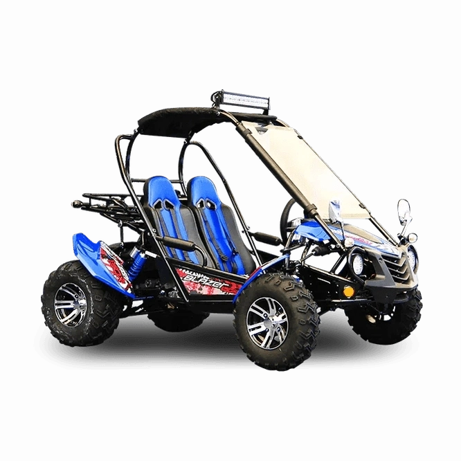Blue and black Trailmaster Blazer 200X go kart with all-terrain tires and chrome-style rims