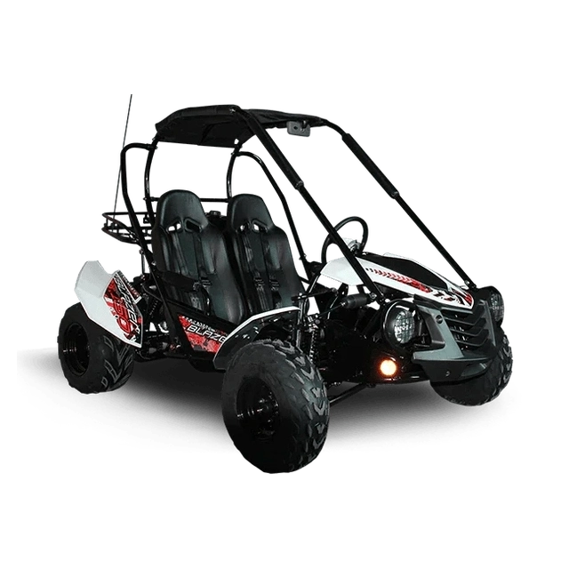 White Trailmaster Blazer 200 go-kart with illuminated amber lights and canopy