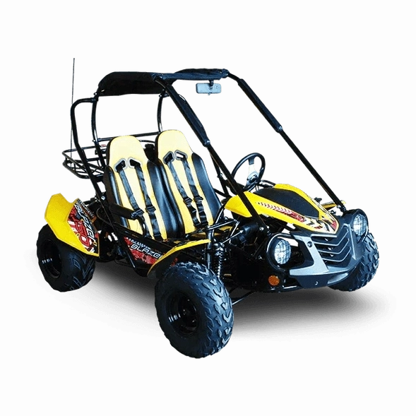 Yellow Trailmaster Blazer 200 go-kart with black roof canopy and graphic decals