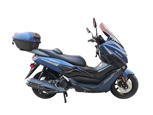 Blue 200cc maxi scooter with top case, windshield, and sporty design on white background