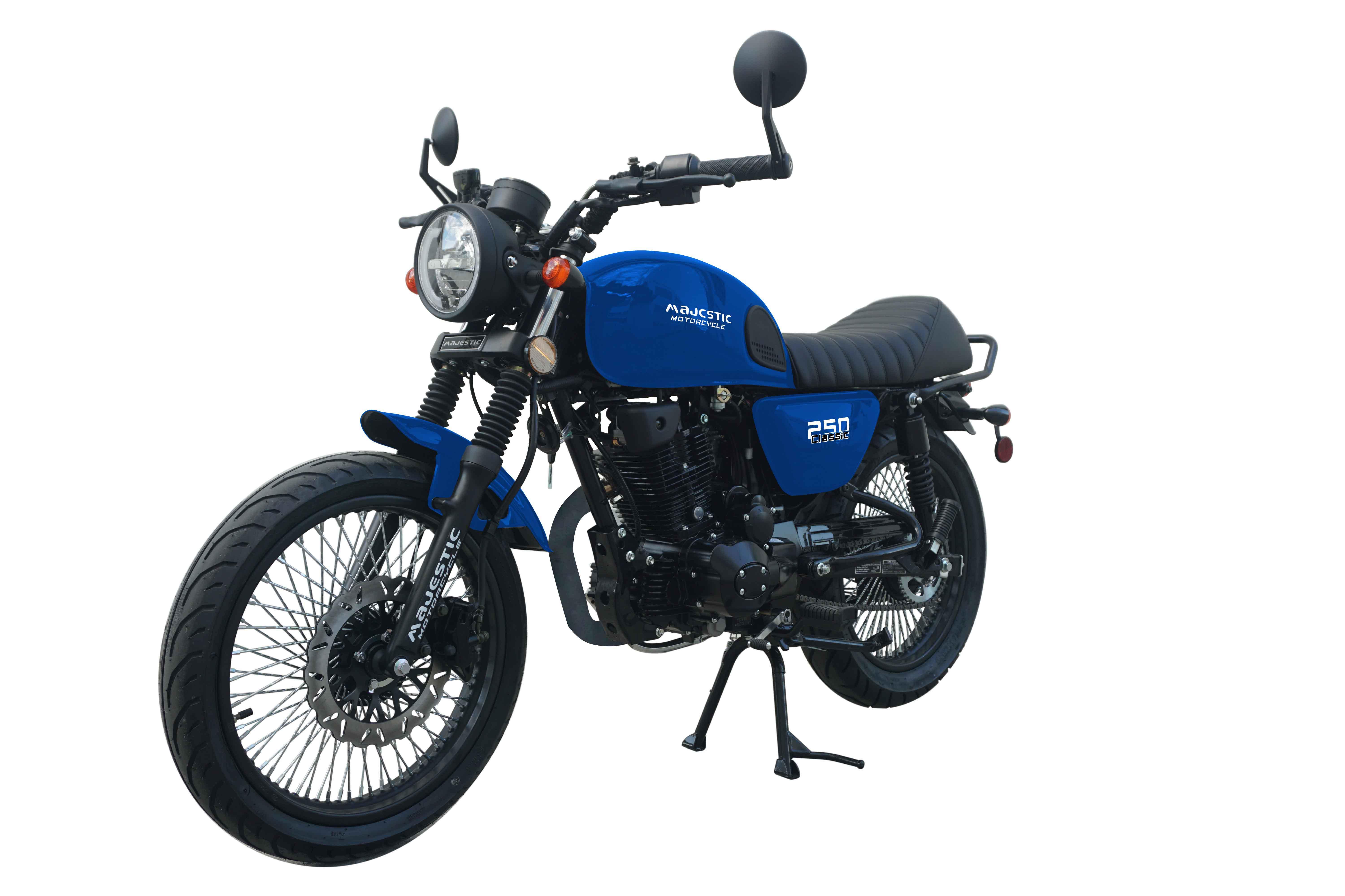 Blue Majestic 250cc classic motorcycle with black seat and spoked wheels