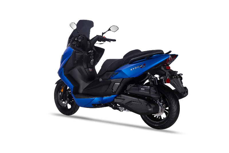 Blue and black 300cc scooter for sale on a white background