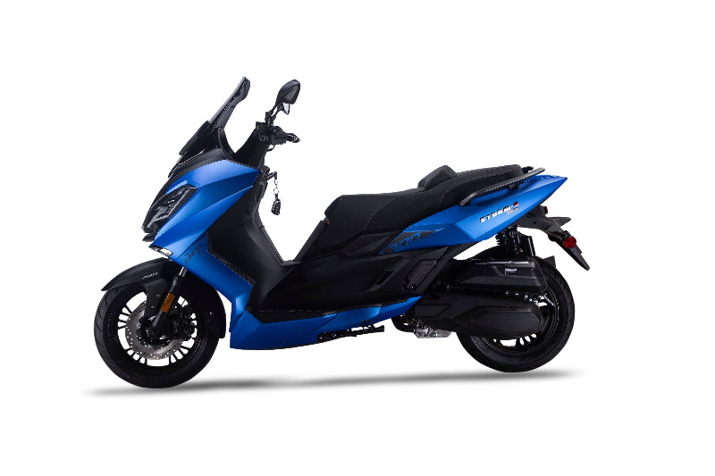 Blue and black Amigo scooter for sale on a white background