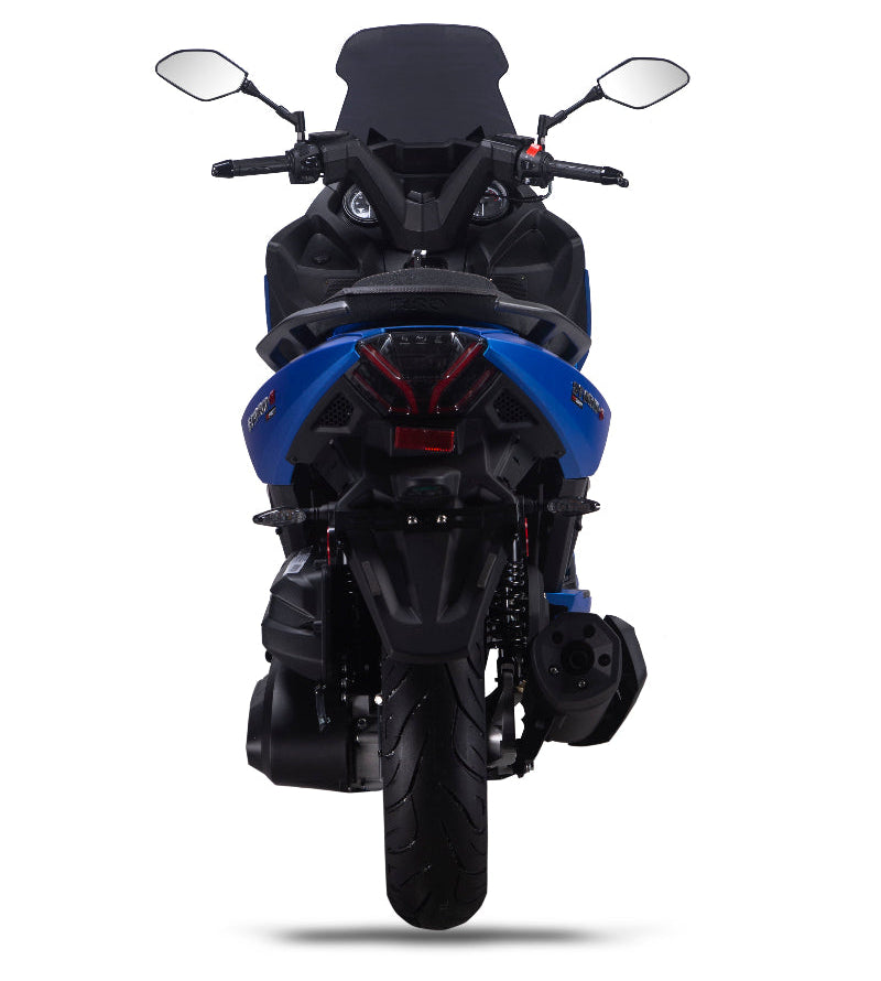 Black 300cc motor scooter with blue accents on a white background