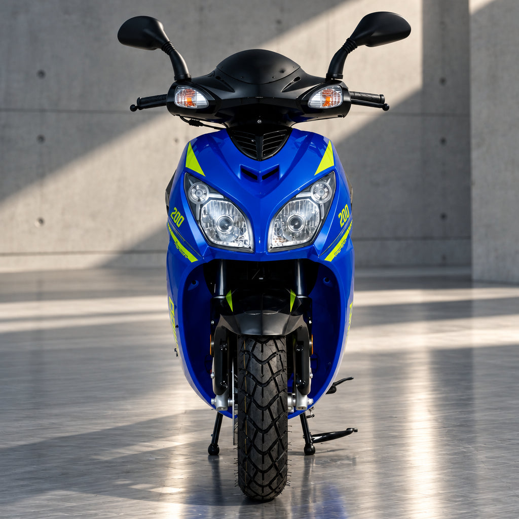 Blue Amigo Phenom 200 gas scooter with black fairings and yellow accents