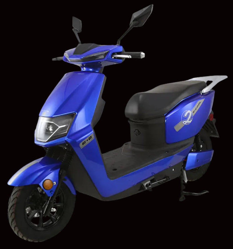 A blue Vitacci E-cool electric scooter with black seat and white wheels.