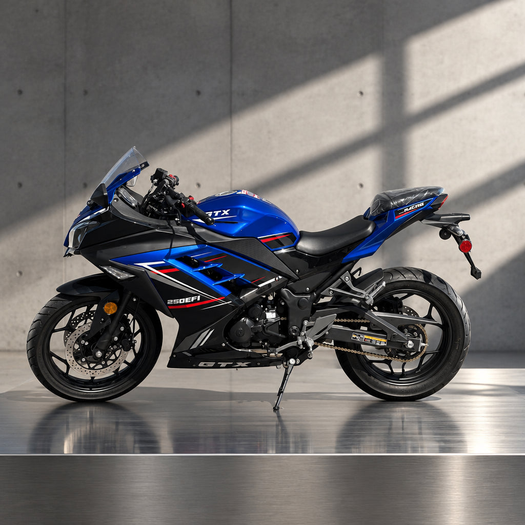 Blue GTX 250 EFI with red accents showing RACING decal on rear fender