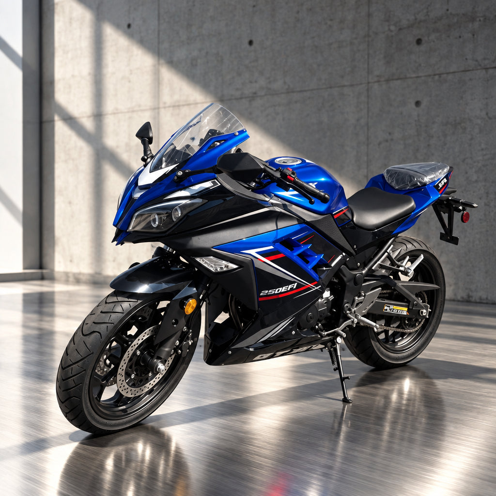 Blue GTX 250 EFI sport bike parked showing full side profile