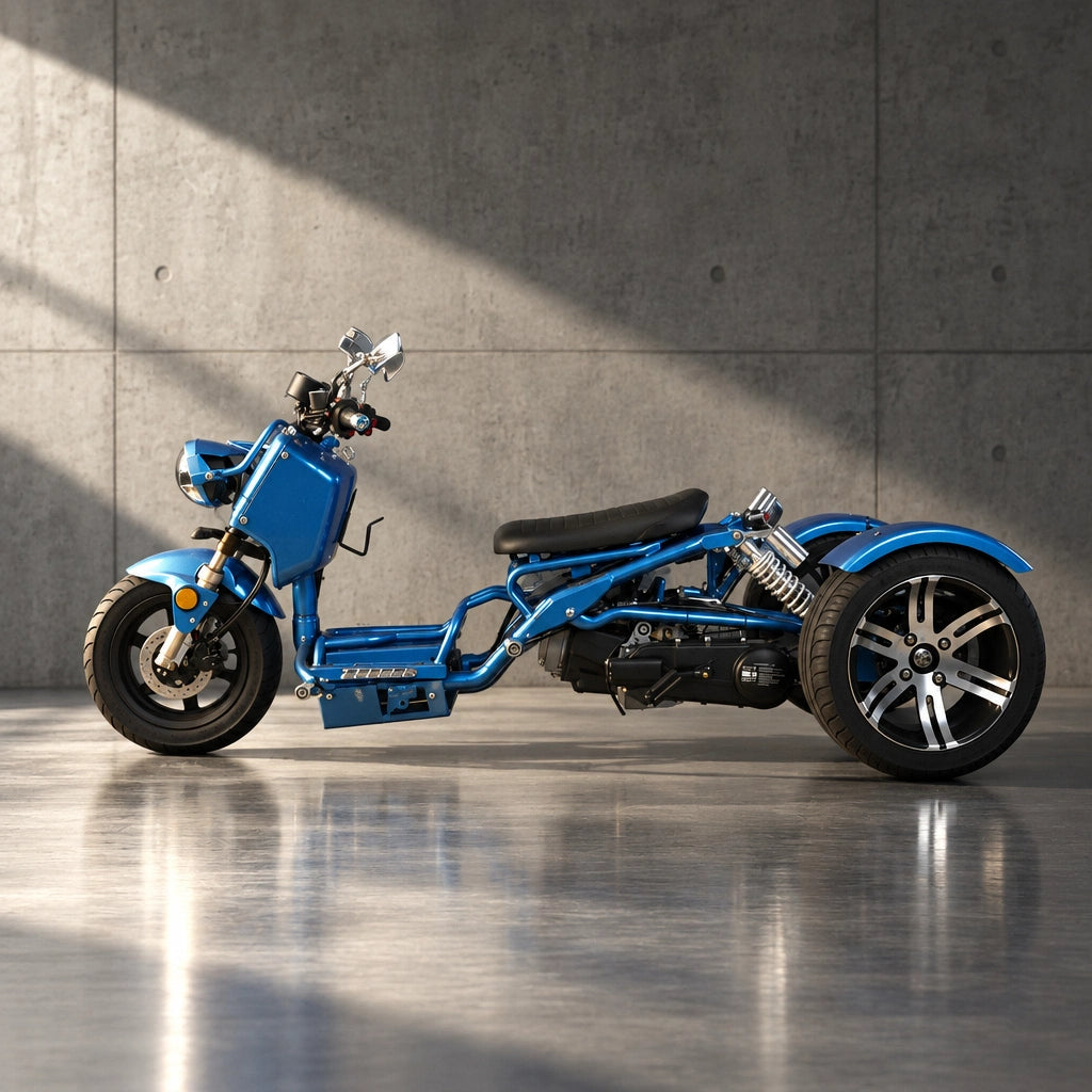 Metallic blue ICE BEAR MADDOG PST150N trike side profile with dual rear wheels