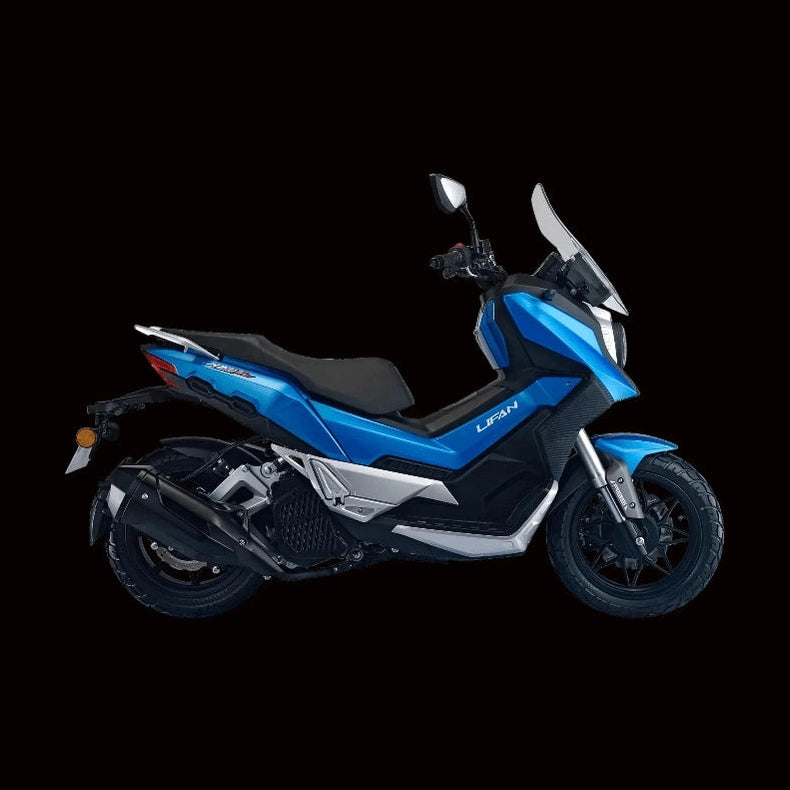 Metallic blue Lifan KPV 150 ADV scooter with black accents and adventure spoked wheels