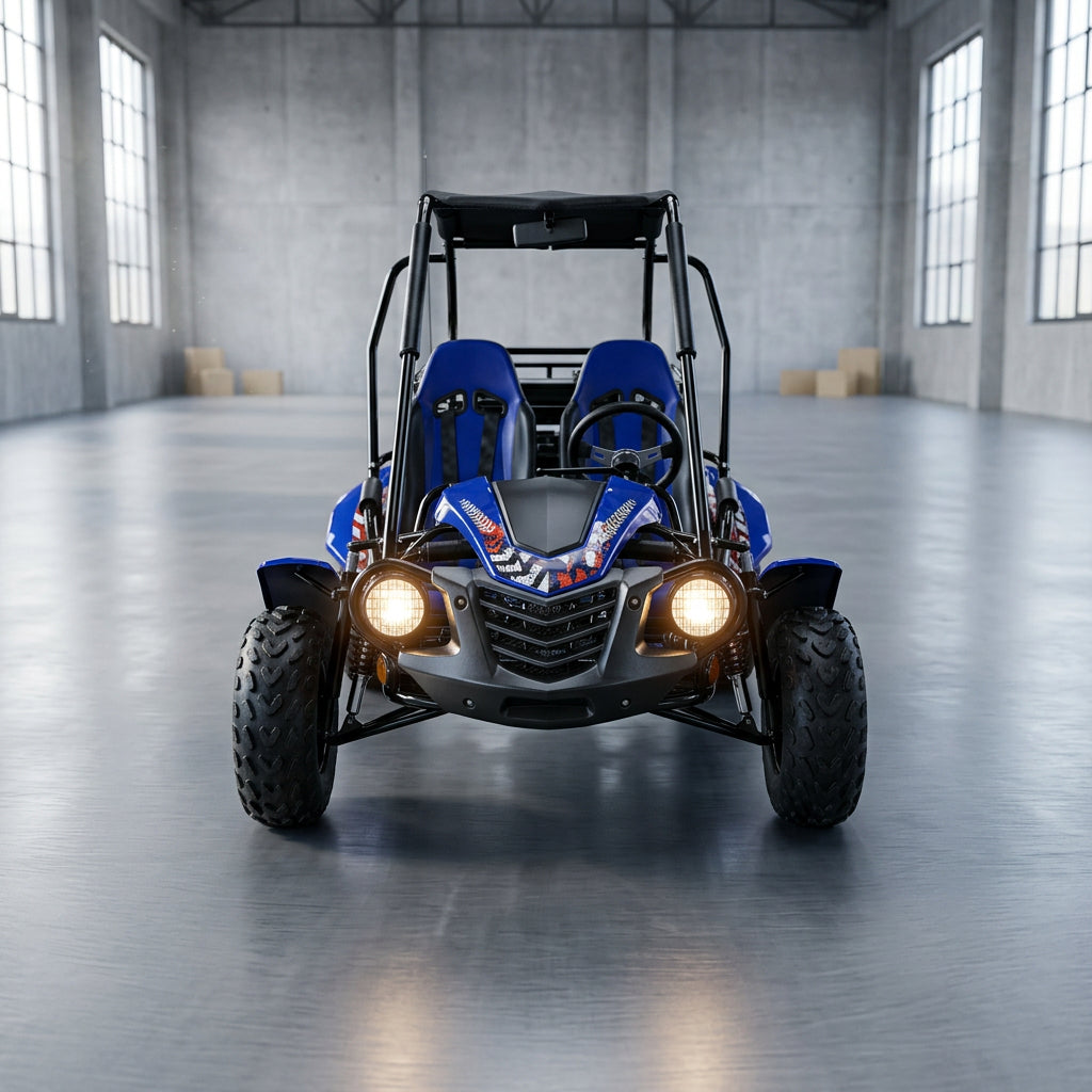 Blue TrailMaster Blazer i2K go kart front  view with blue fenders and decals