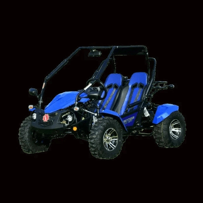 Blue Venture 200 EFI automatic go-kart with black roll cage and dual seats