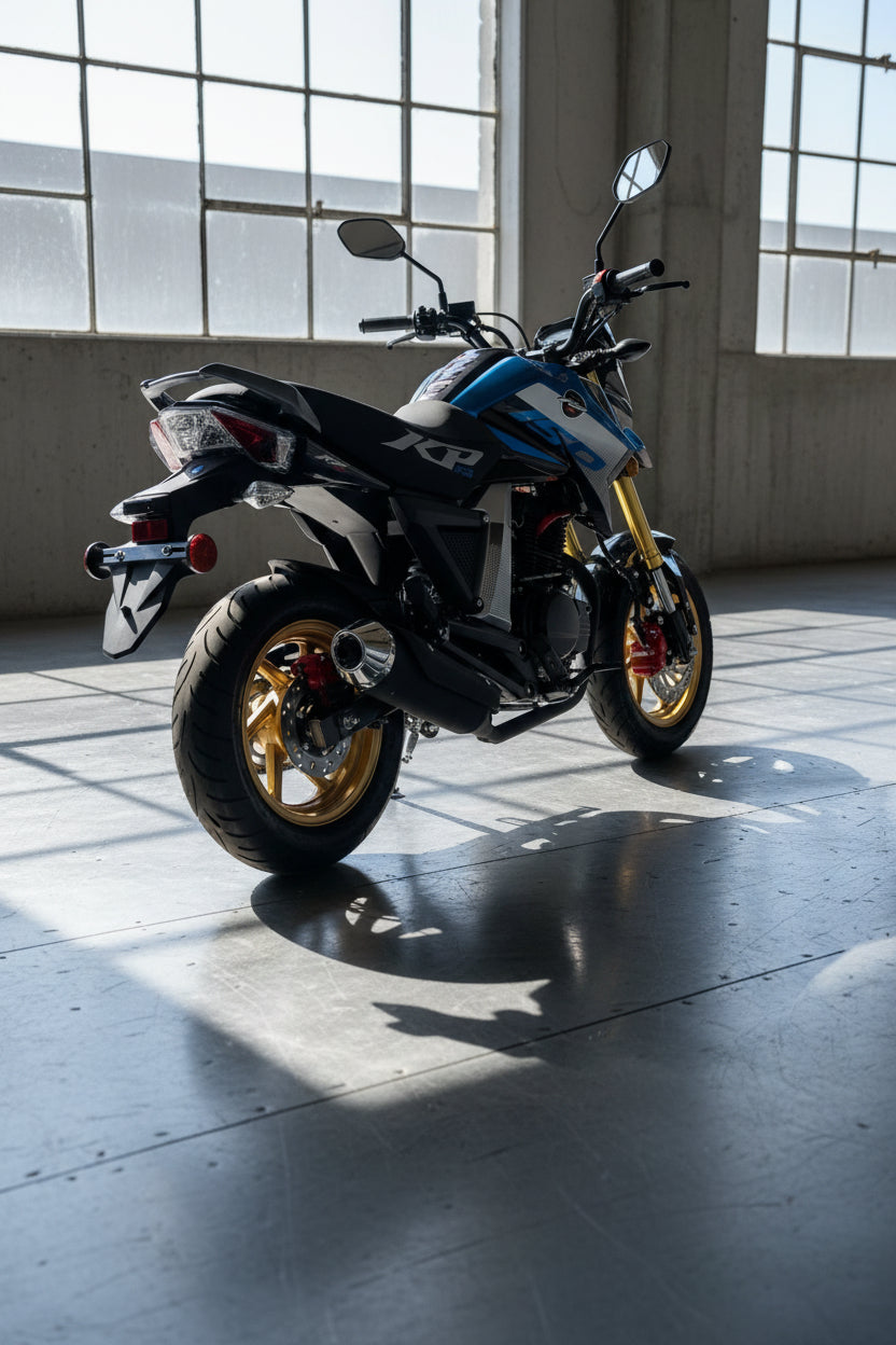 Blue and black Lifan KP RS 150cc motorcycle rear three-quarter view with chrome exhaust