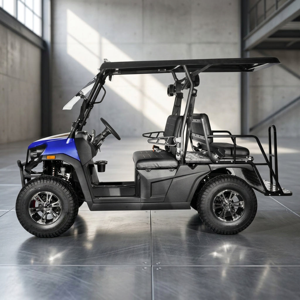 Blue and black Vitacci Rover 4-seat electric golf cart side profile with canopy
