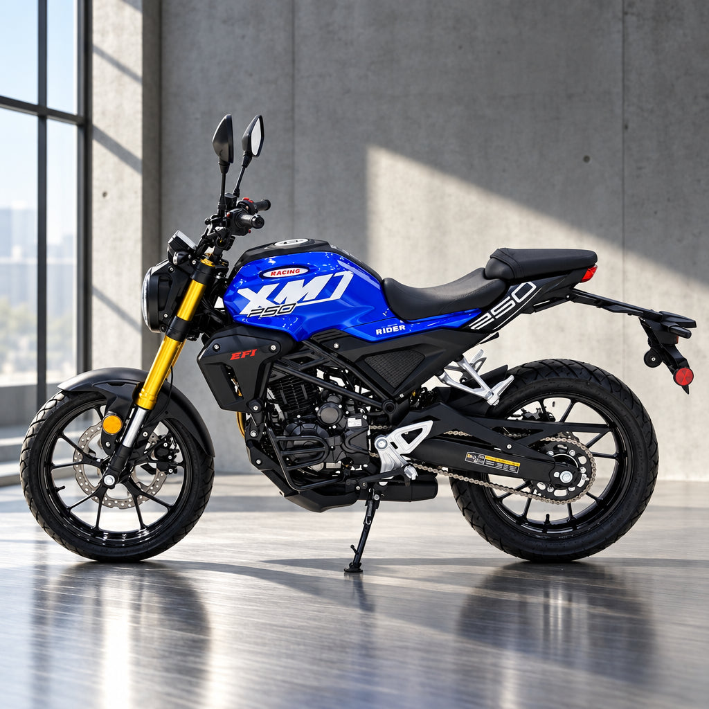 Blue and black XMT 250cc street bike side view with exposed engine components