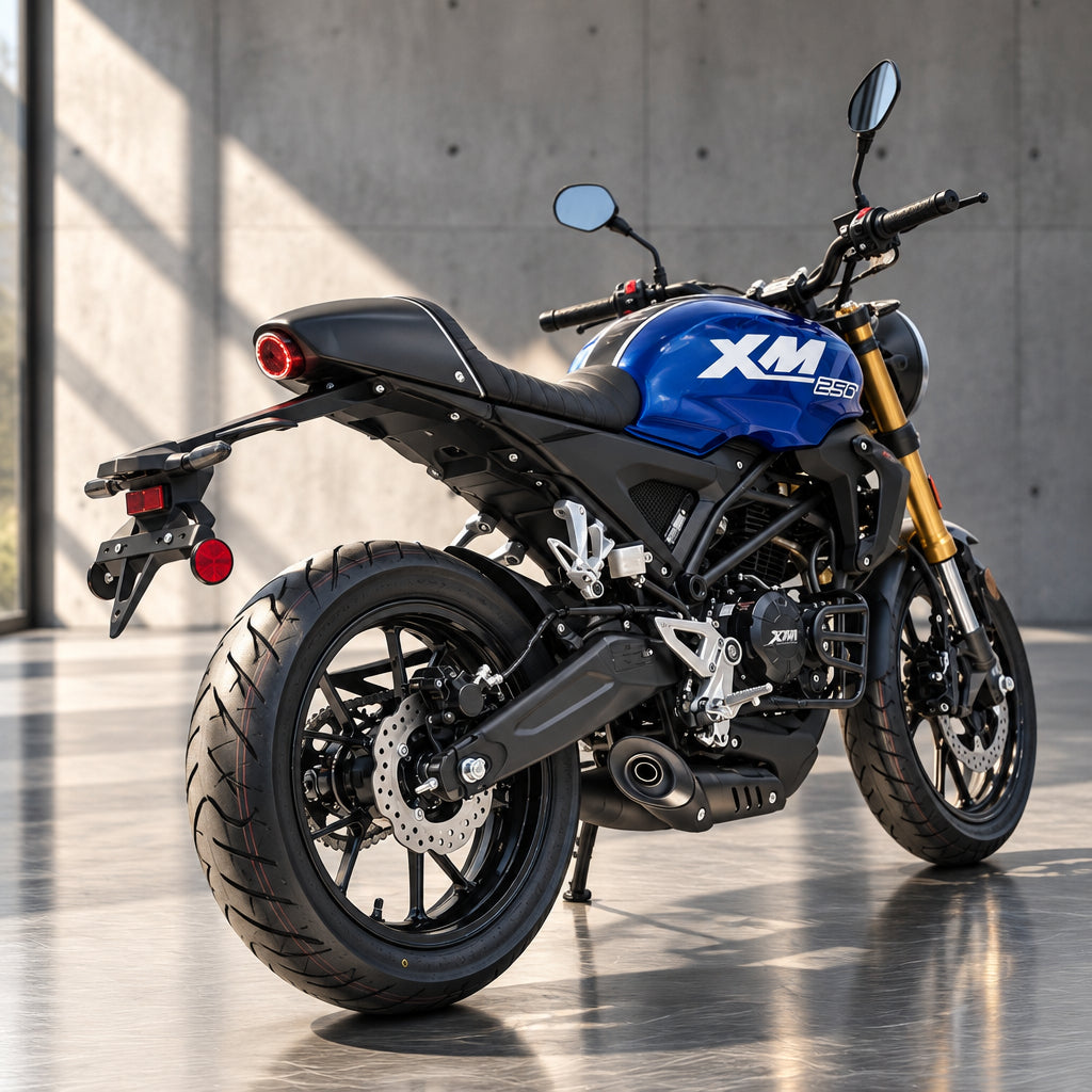 Blue and black XMT EFI 250cc cafe racer rear three-quarter view with disc brakes