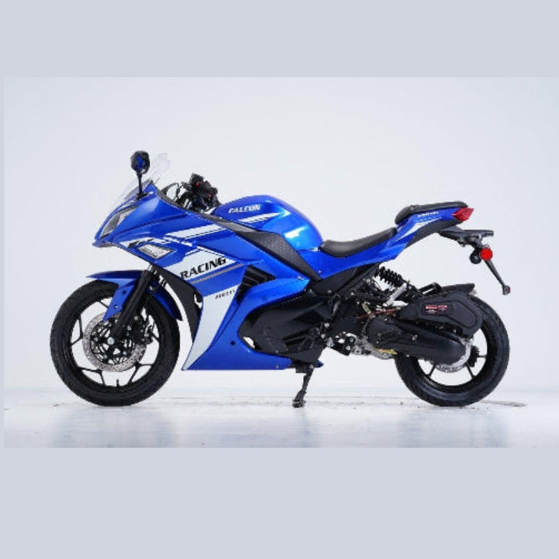 Blue and white Vitacci Falcon 200cc sport motorcycle side view with full fairing