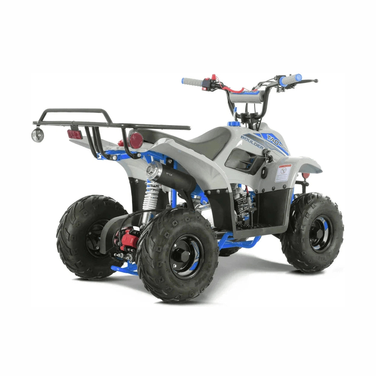 Boulder B1 110cc kids ATV rear view with blue frame and cargo rack