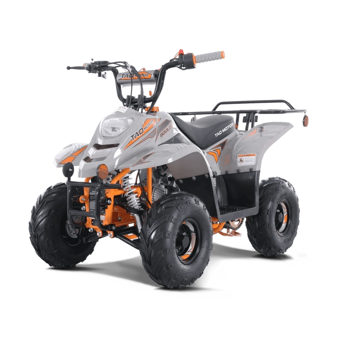 Boulder B1 110cc youth ATV front angle with orange accents and headlight