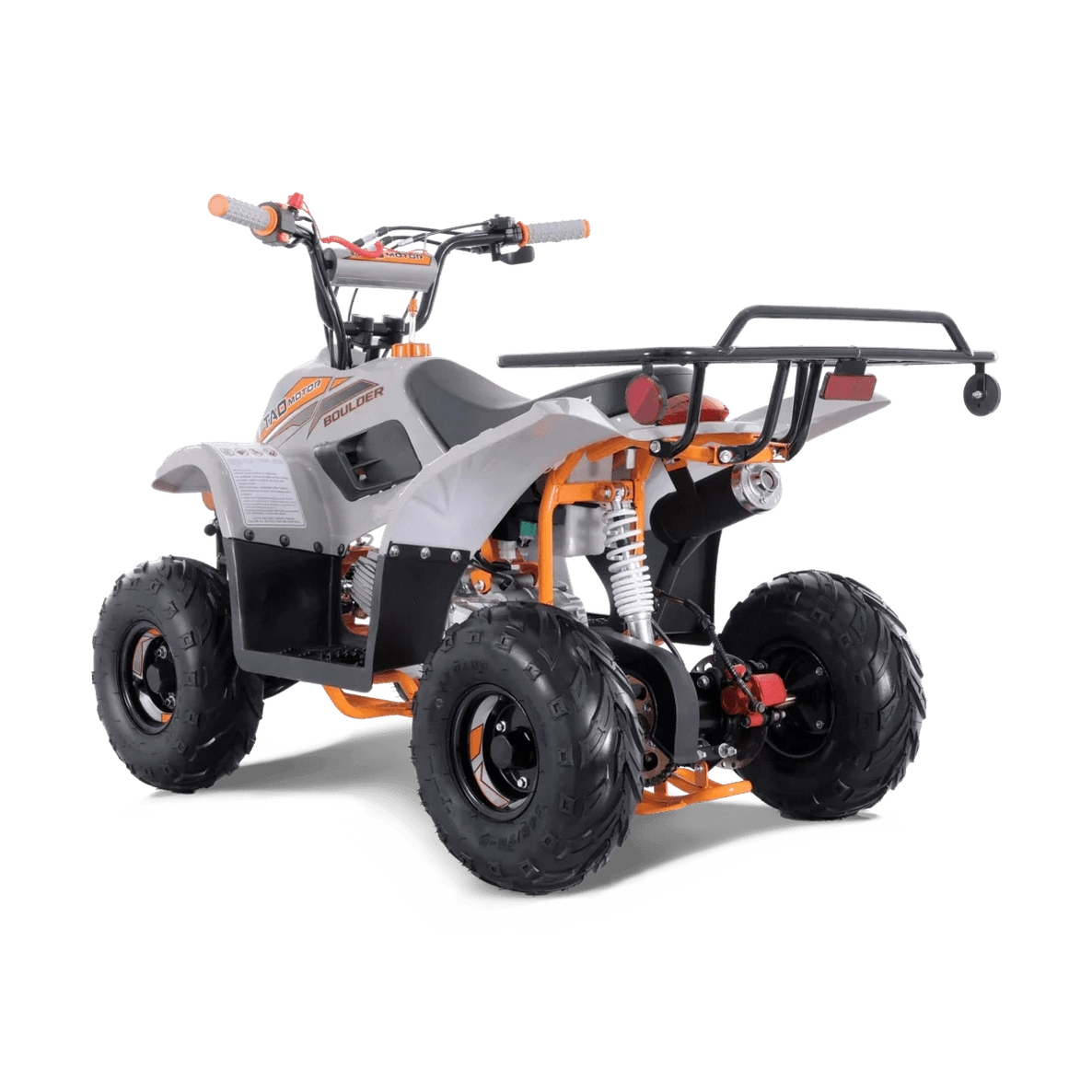 Boulder B1 110cc off-road ATV rear three-quarter view showing exhaust and suspension