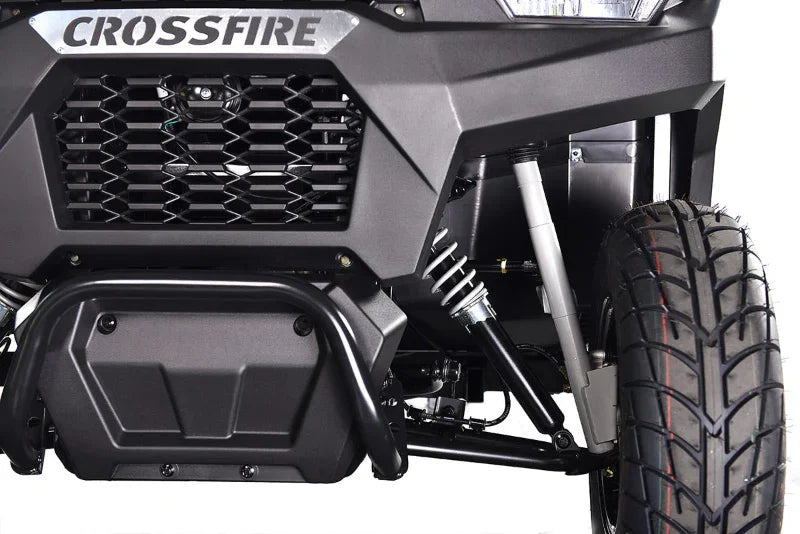 Front view of a Crossfire ATV with rugged suspension and off-road tire