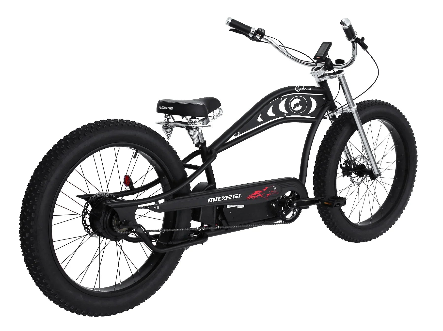 Black Micargi Cyclone fat tire electric bike with red flame design and chrome handlebars