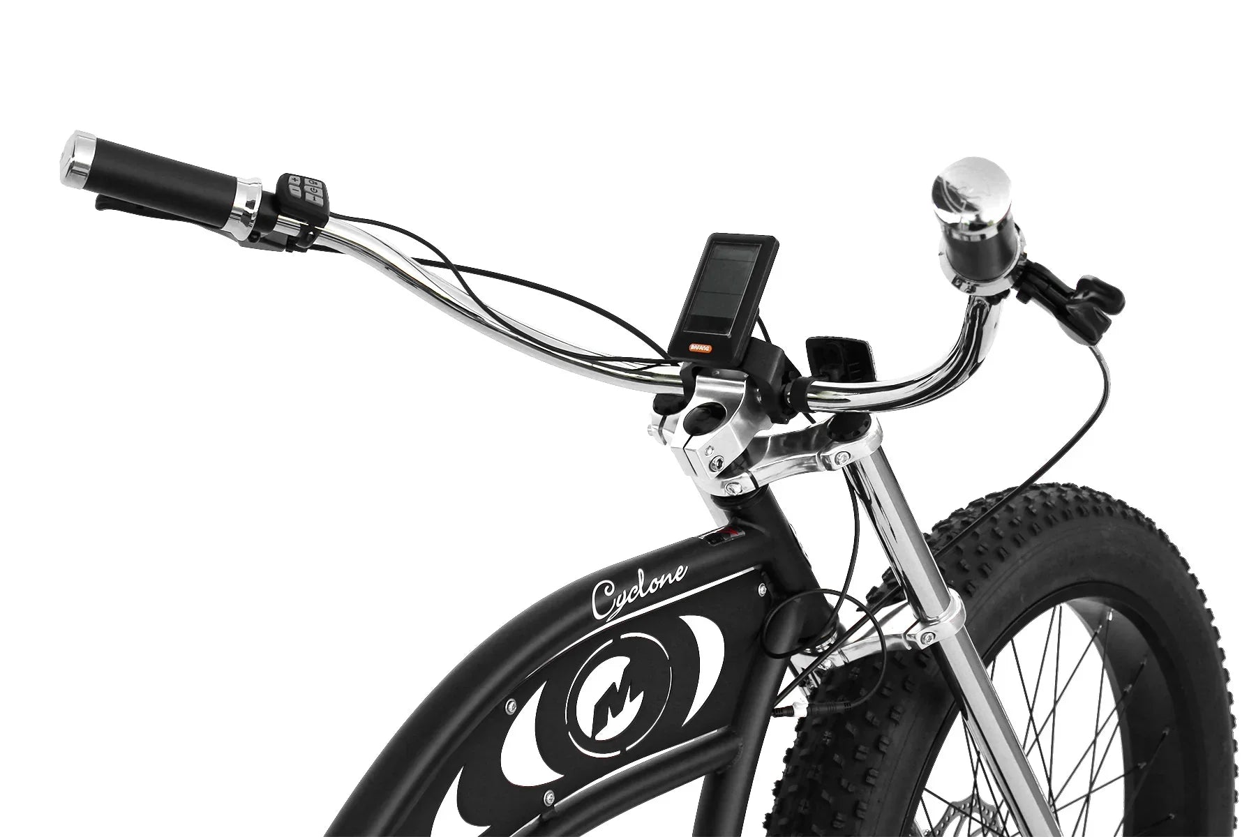 Cyclone electric bike with chrome handlebars, digital display, and fat tires for off-road riding