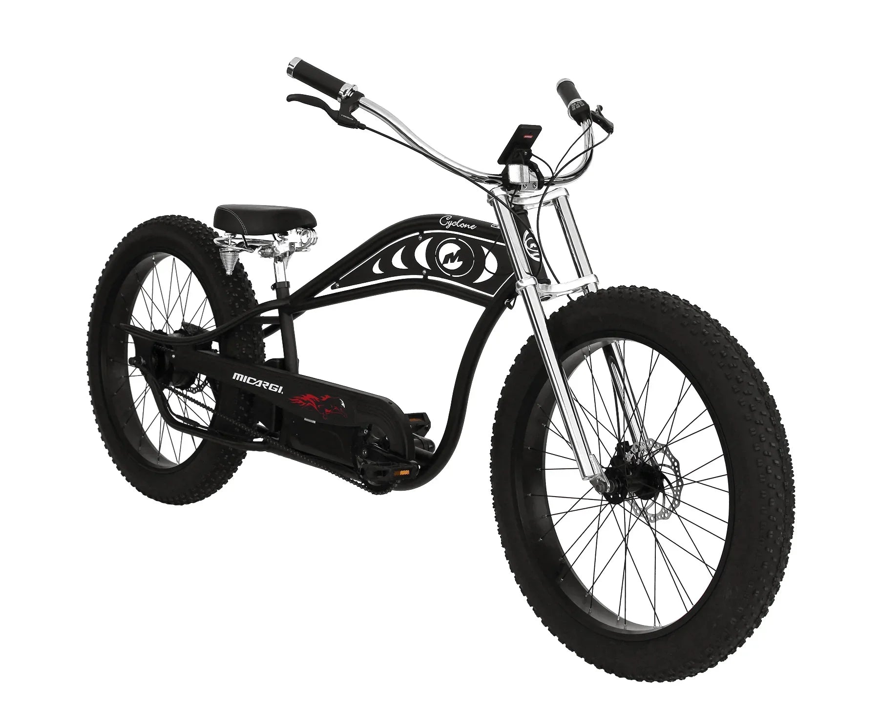 Black fat-tire electric bike with chrome handlebars and disc brakes, ideal for off-road adventures.