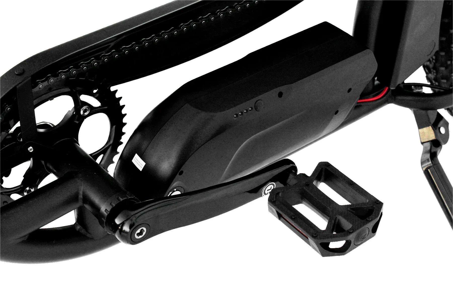 Black electric bike with chain drive, battery pack, and textured pedals