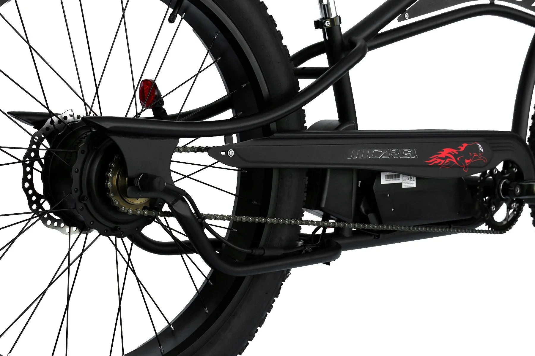 Black electric fat tire bike with Micargi branding, chain drive, and rear disc brake