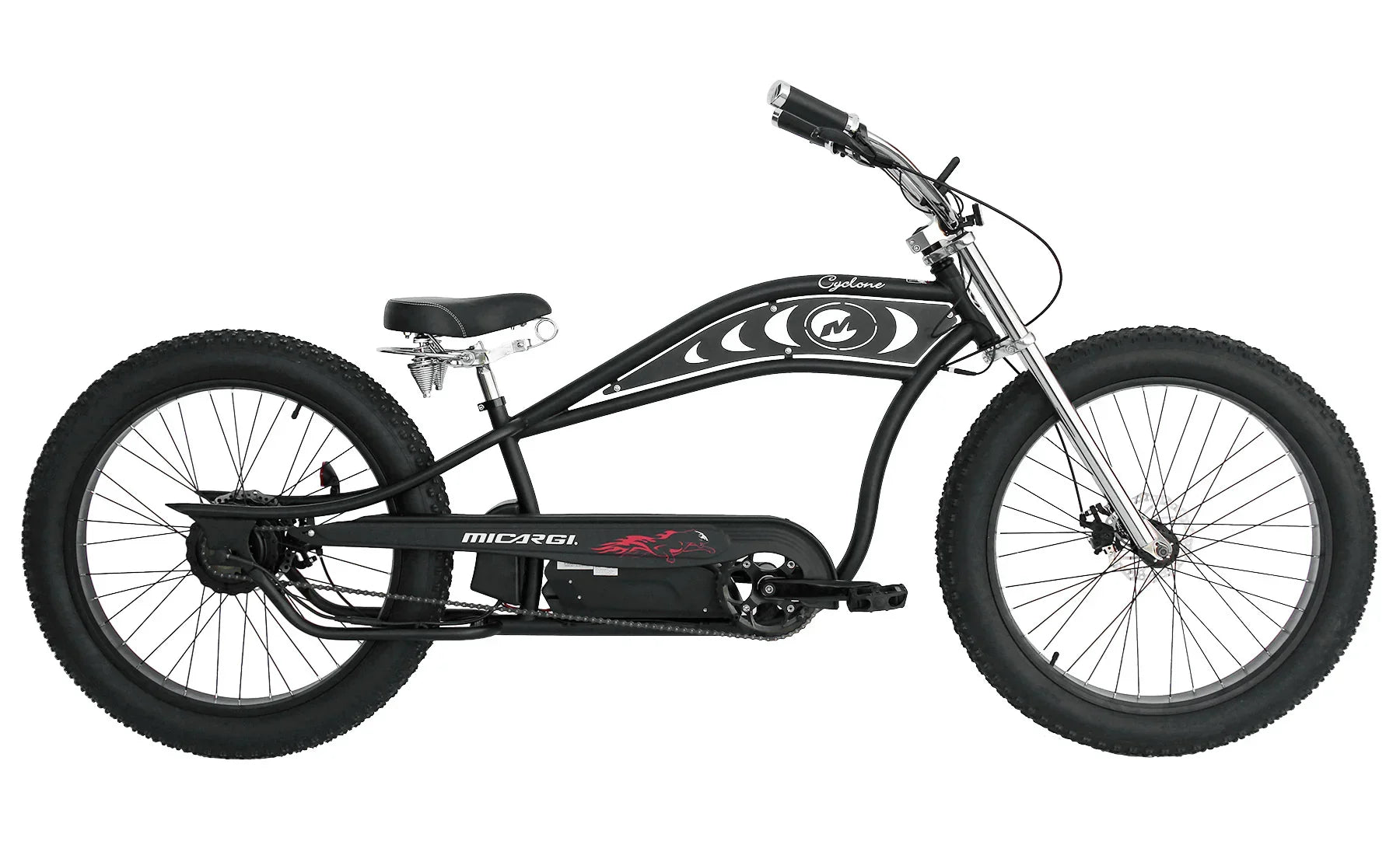 Black Micargi Cyclone fat tire electric bike with bold design and wide tires for off-road adventures.