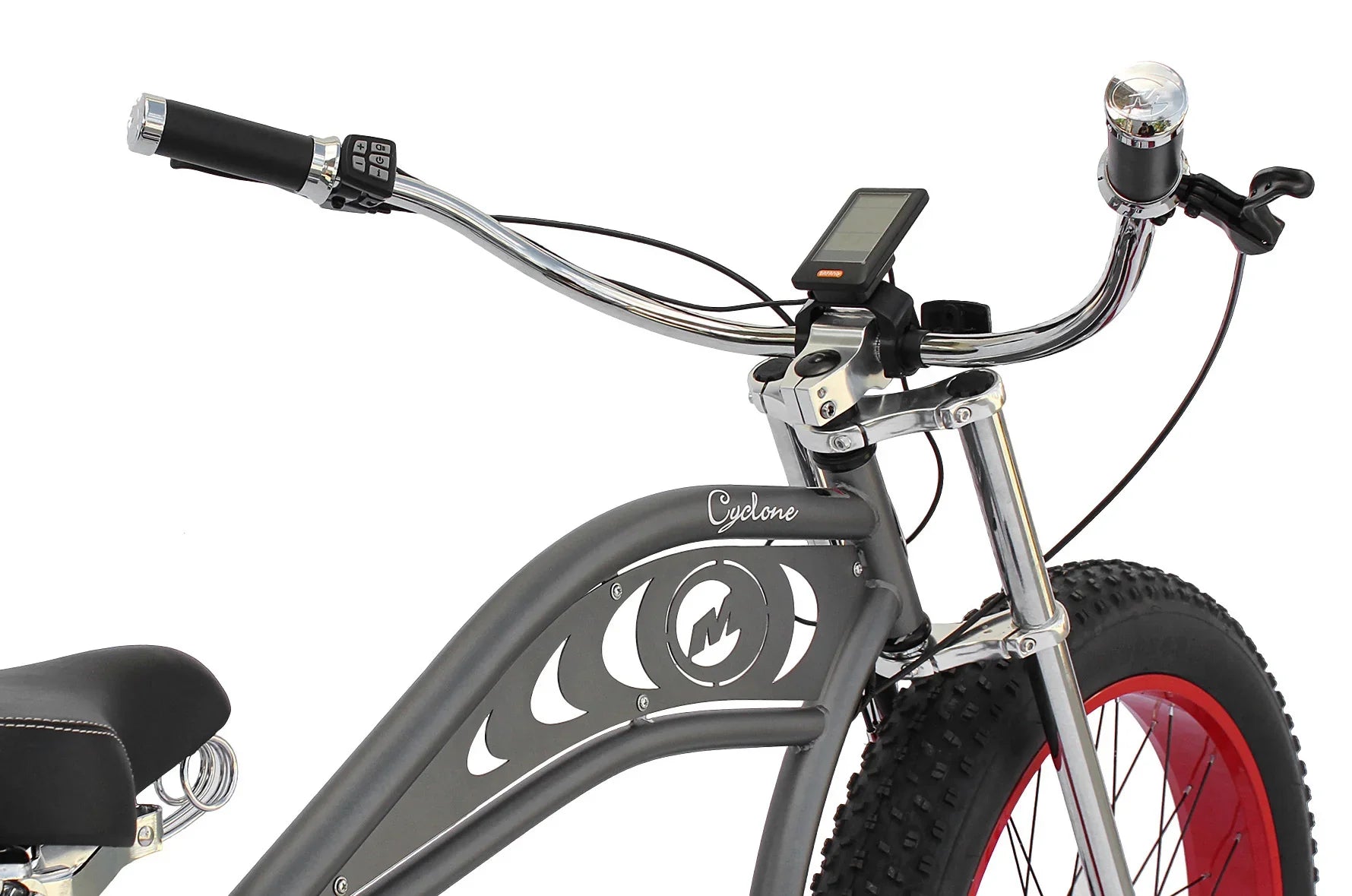 Cyclone electric bike with chrome handlebars, digital display, and red-rimmed fat tires