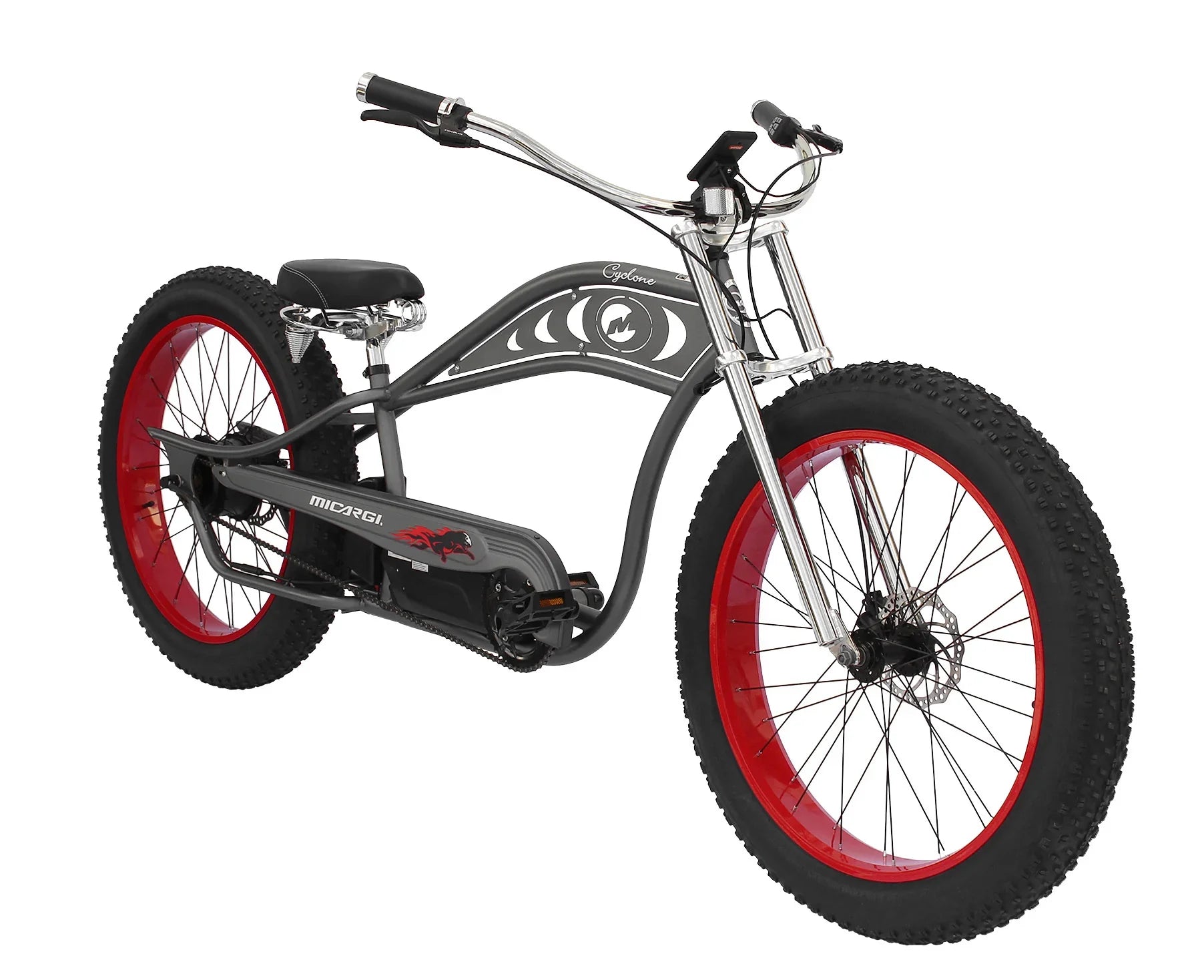 Micargi Cyclone fat tire electric bike with red rims and chrome handlebars