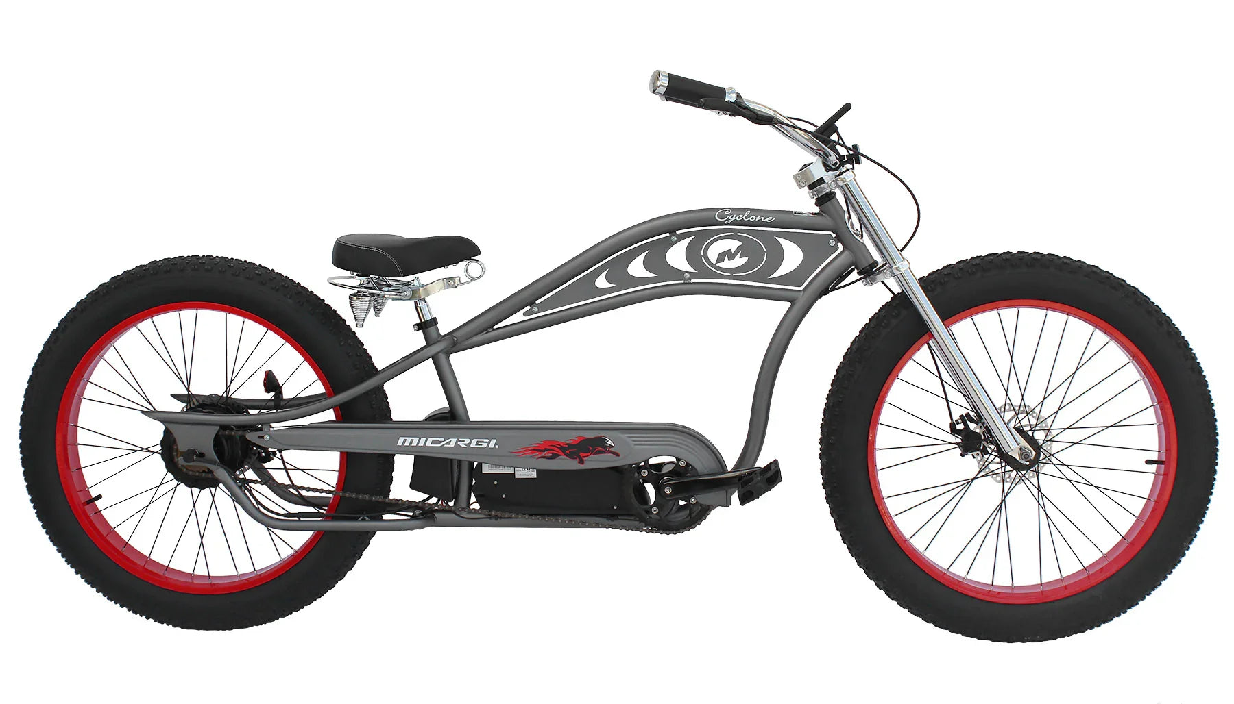 Micargi Cyclone fat tire electric bike with red rims and sleek gray frame