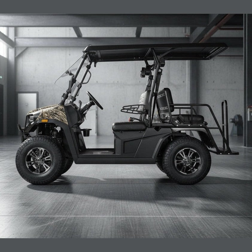 Black ROVER EFI UTV with camouflage fender cover, canopy, and dual bucket seats