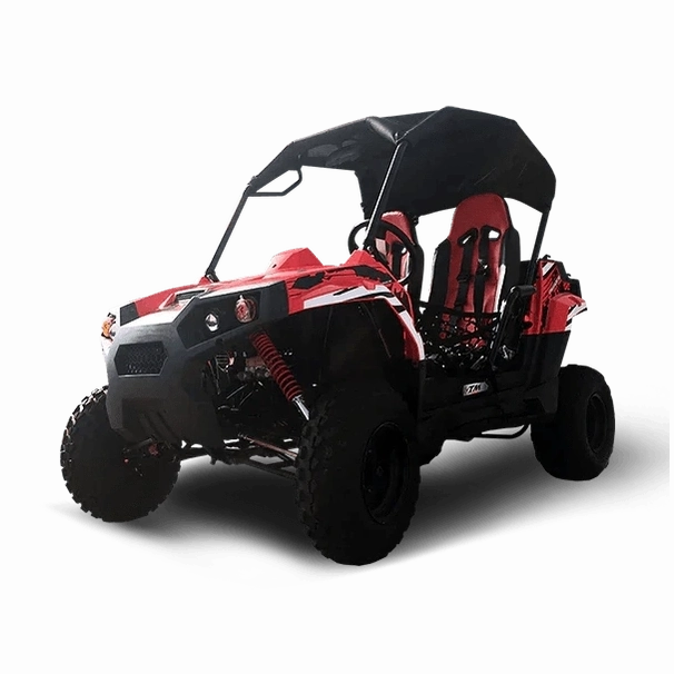 Side profile of red TrailMaster UTV displaying protection rails and off-road tires